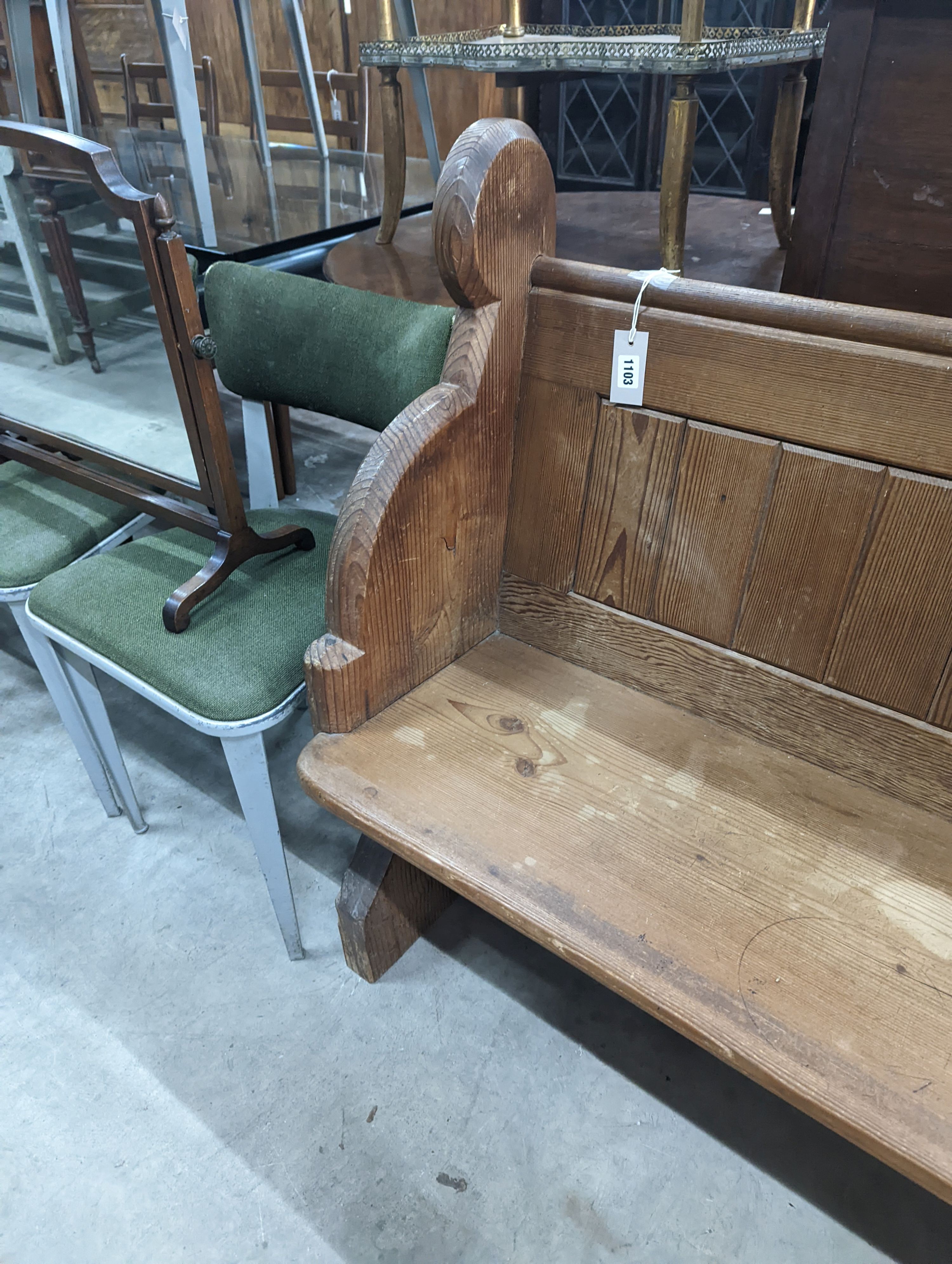 A Victorian pitch pine pew, length 153cm, depth 54cm, height 97cm
